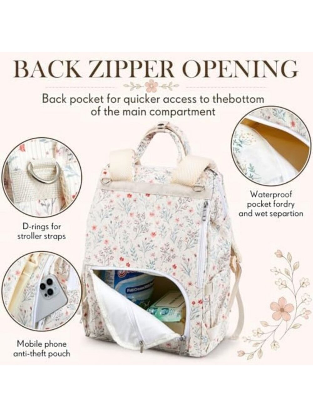 Stylish Floral Diaper Bag Backpack for Moms - Lightweight & Cute Design - Picture 4 of 6